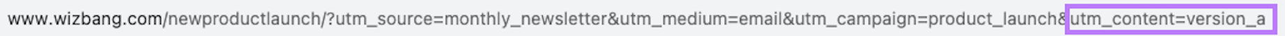 Un ejemplo de URL de seguimiento para el lanzamiento con utm_content=version_a" añadido