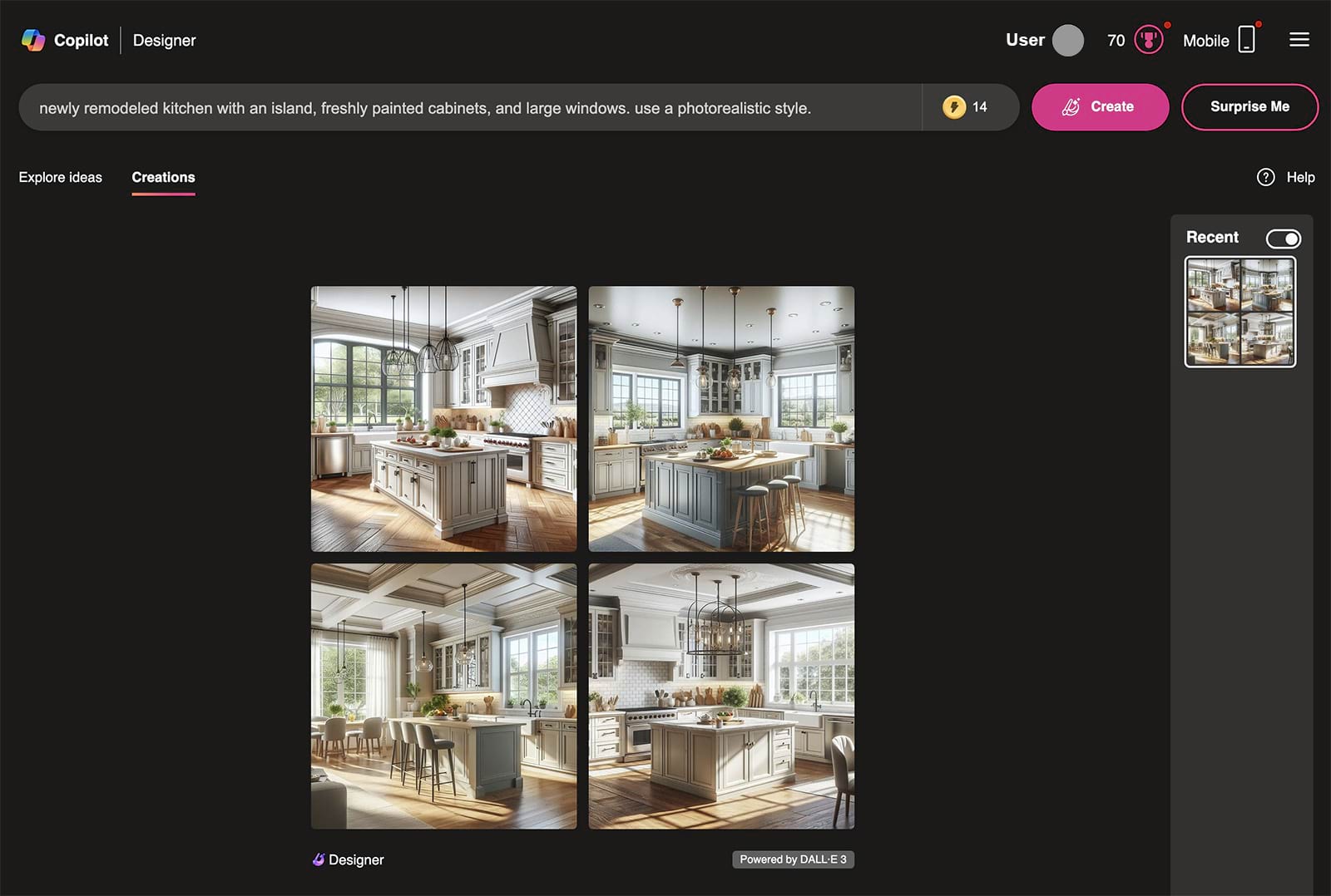 Microsoft Designer's Image Creator showing images generated of remodeled kitchens.