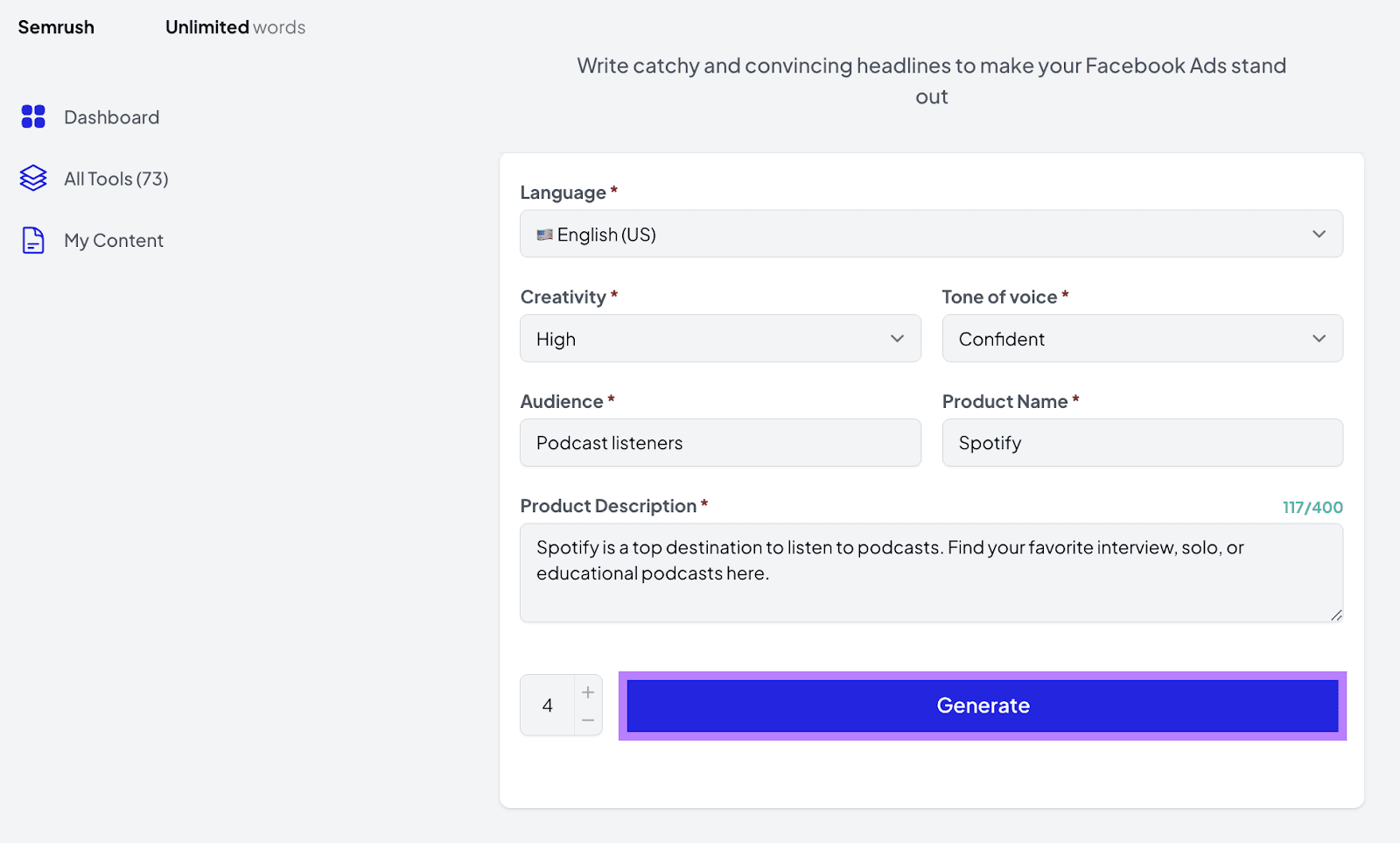 Prompt configured and 'Generate' fastener  highlighted successful  Semrush AI Writing Assistant