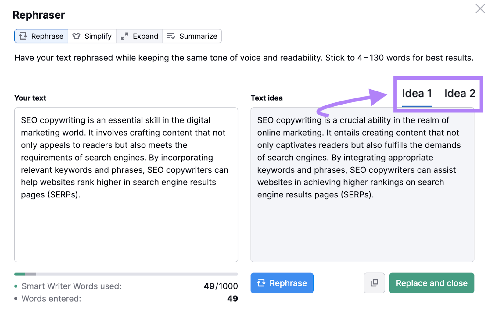 SEO Writing Assistant's "Rephraser" feature generates multiple ideas for rephrased versions of the text