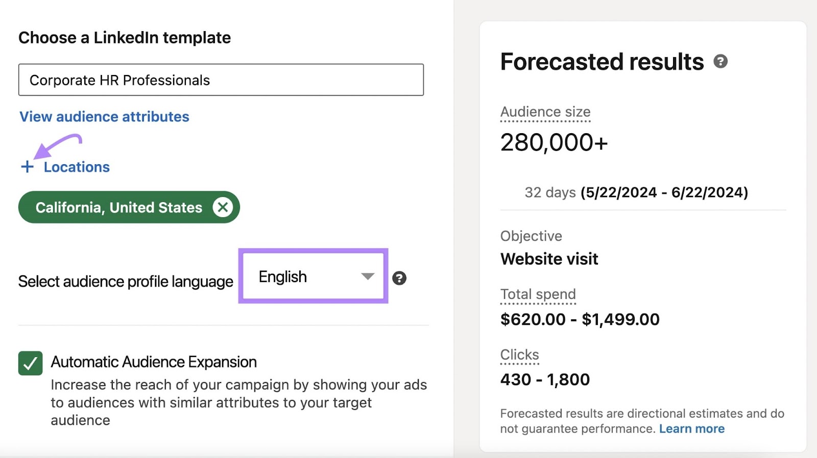 LinkedIn ads template with California selected and English language highlighted alongside forecasted results