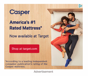Casper ad showing a family on a mattress, promoting availability at Target with a “Shop at target.com” CTA