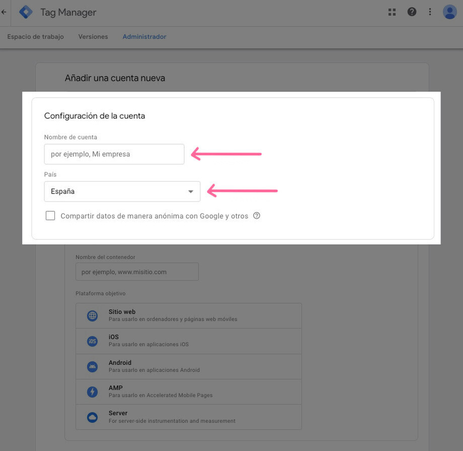 Introducir el nombre de cuenta en GTM