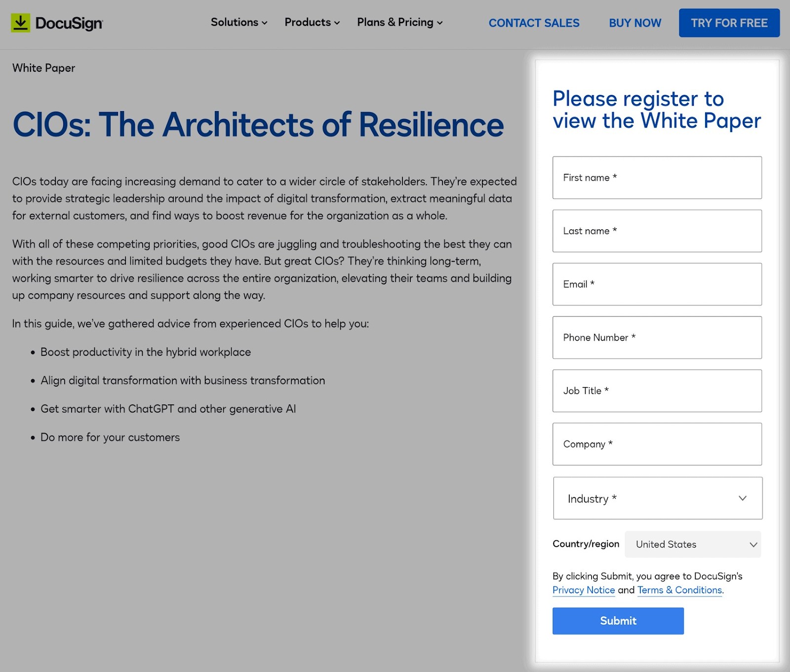 DocuSign's white paper registration page "CIOs: The Architects of Resillience"