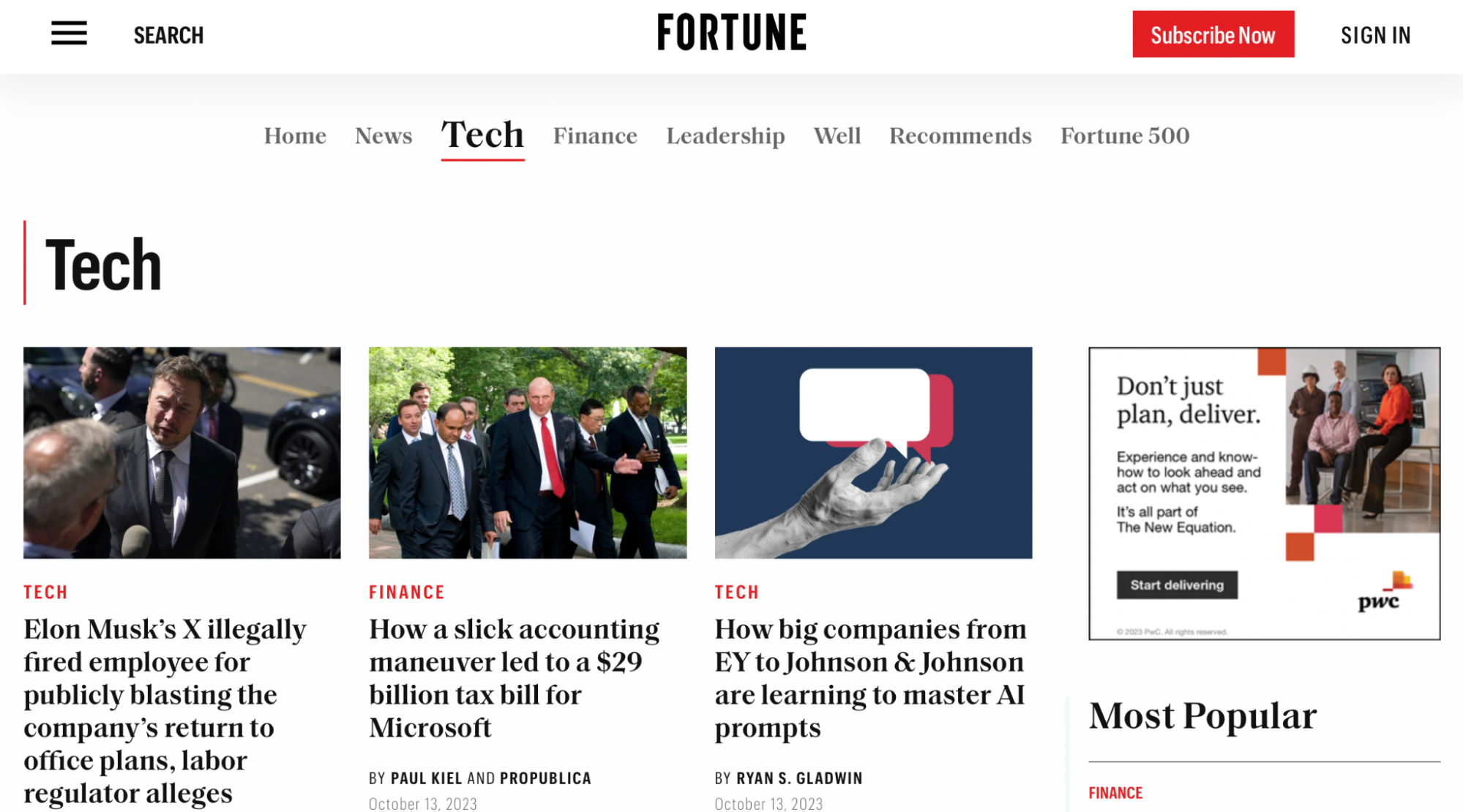 A paid ad for PWC (Price Waterhouse Cooper) appears on the right side of Fortune’s homepage.