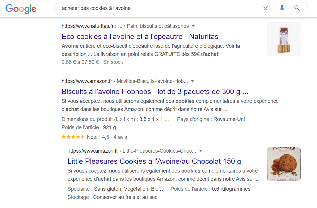 Recherche google, intention, "acheter des cookies à l'avoine"