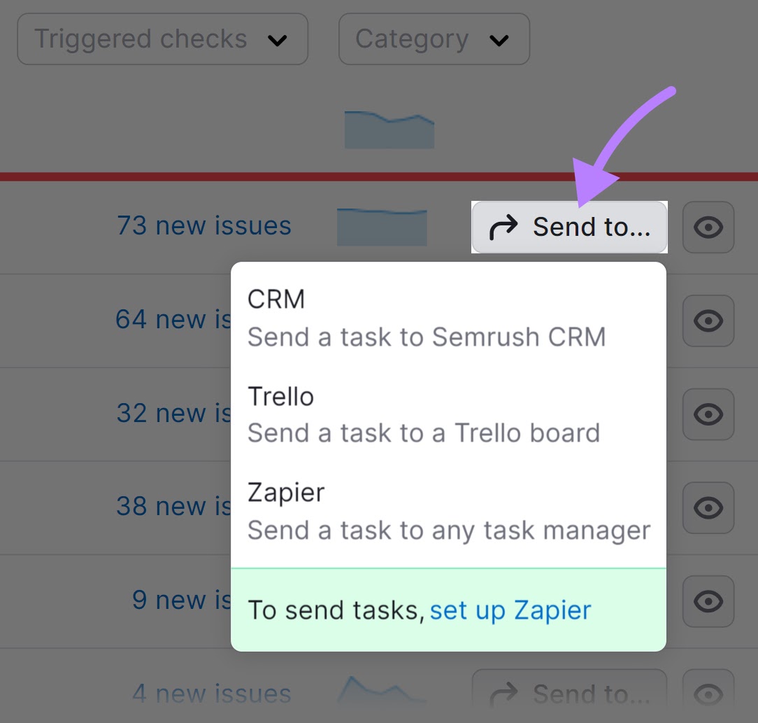 “Send to…” button drop-down menu in Site Audit tool