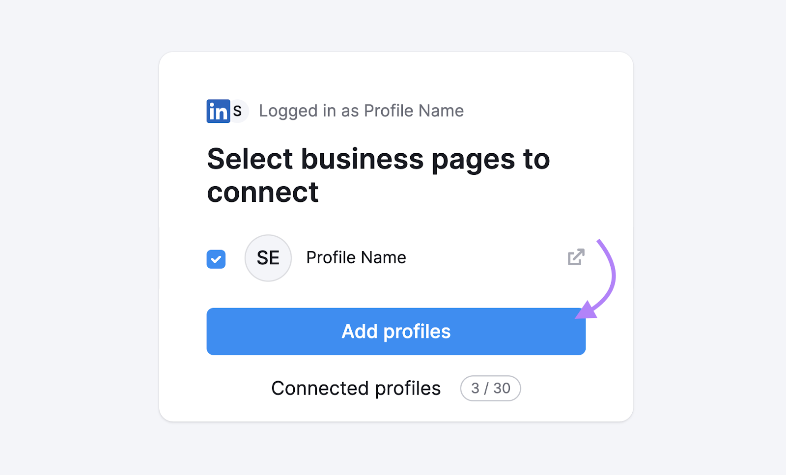 "Add profiles" button under LinkedIn pop-up window in Social Poster tool