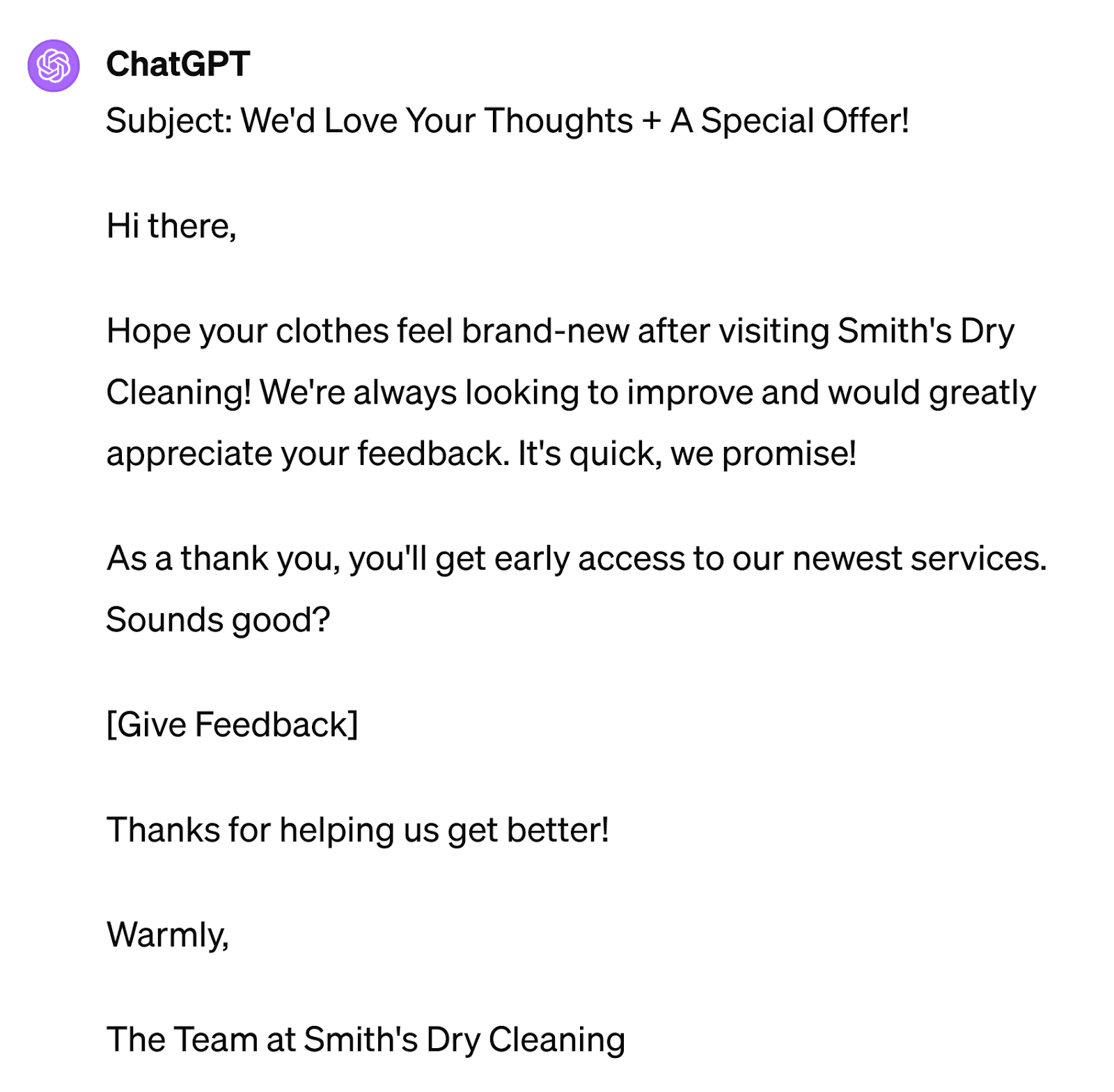 ChatGPT-generated email asking for feedback