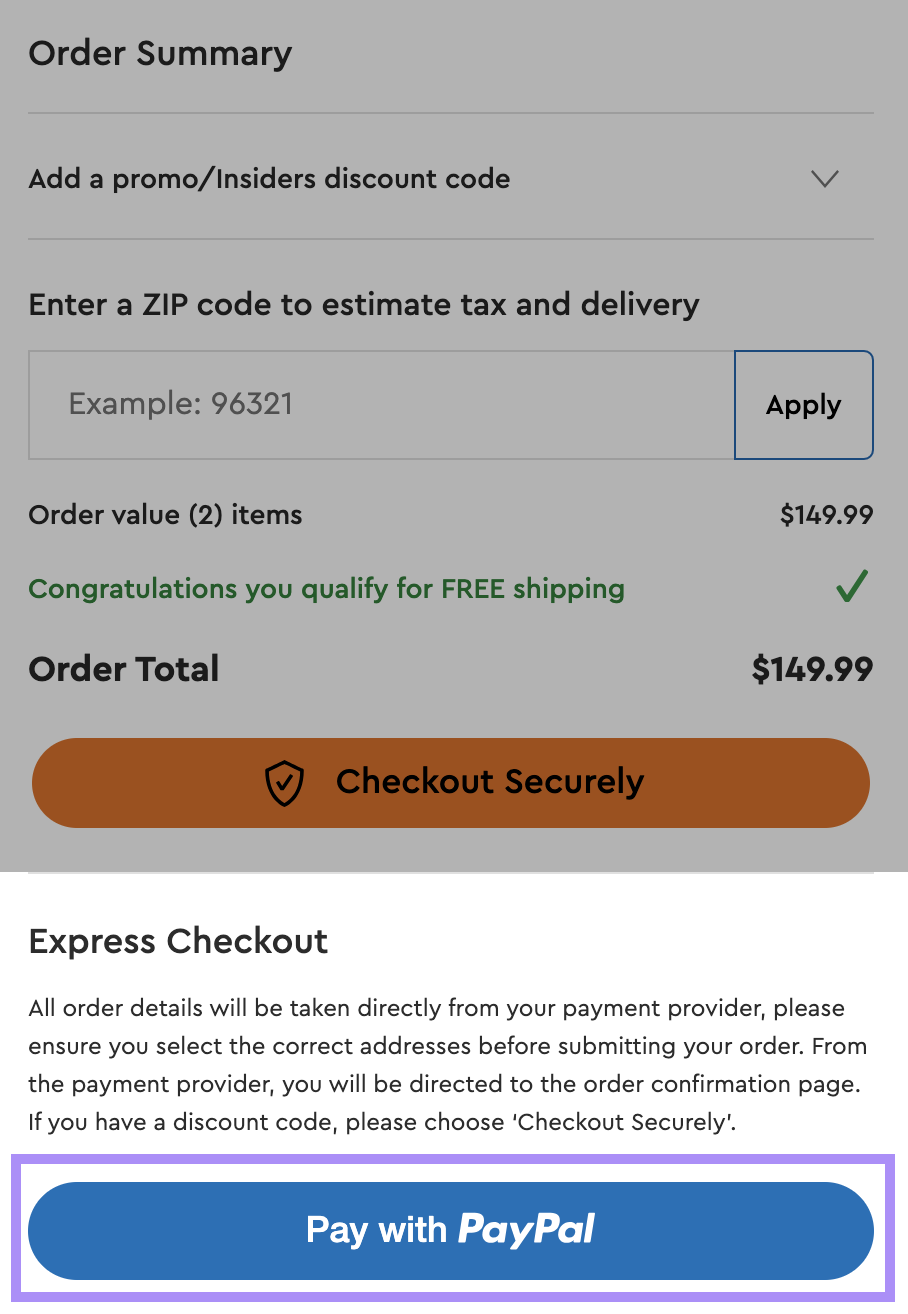"Order Summary" window with "Pay with PayPal" option at the bottom