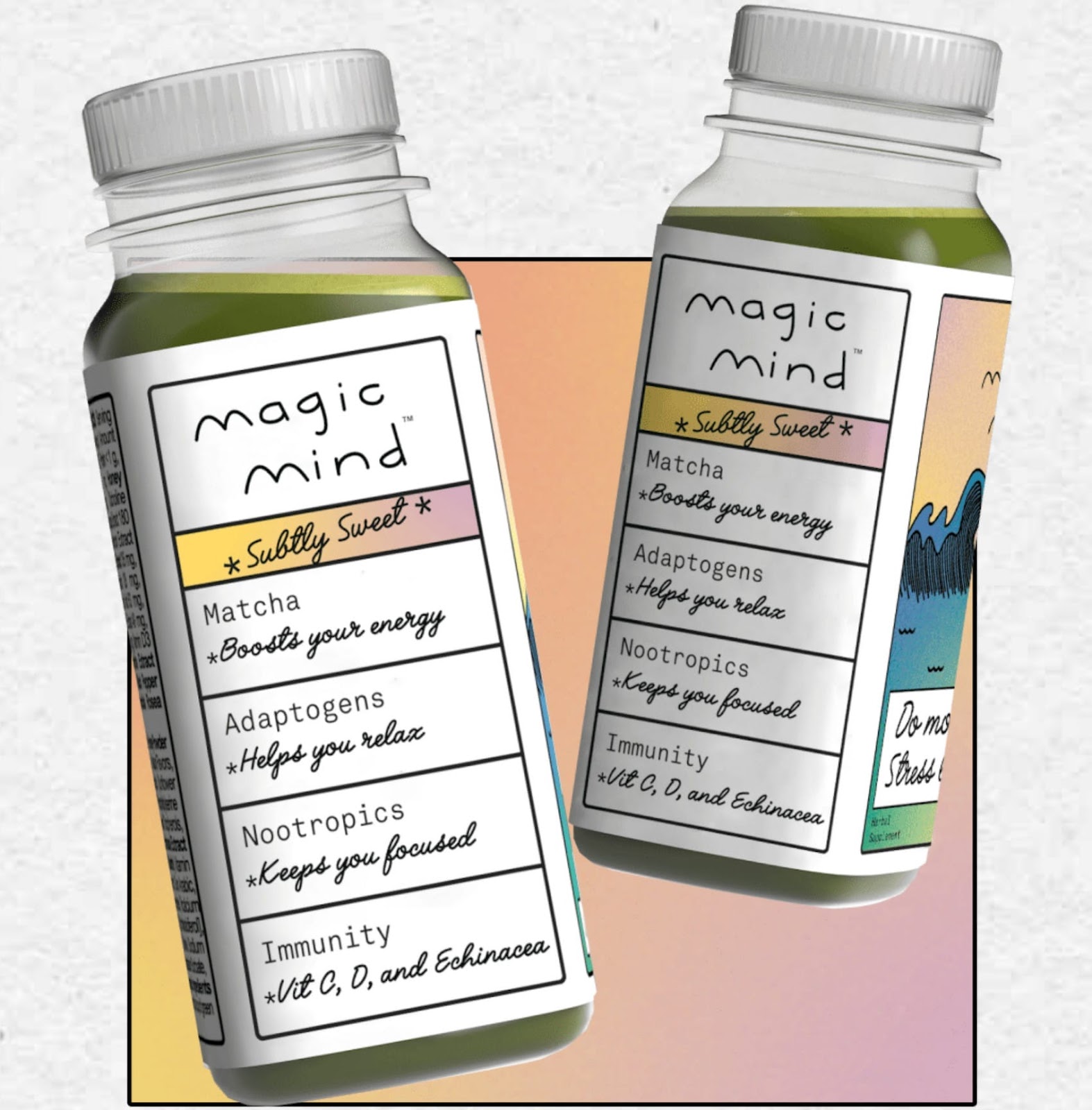Two bottles of Magic Mind productivity shot with labels and text about the product's benefits.