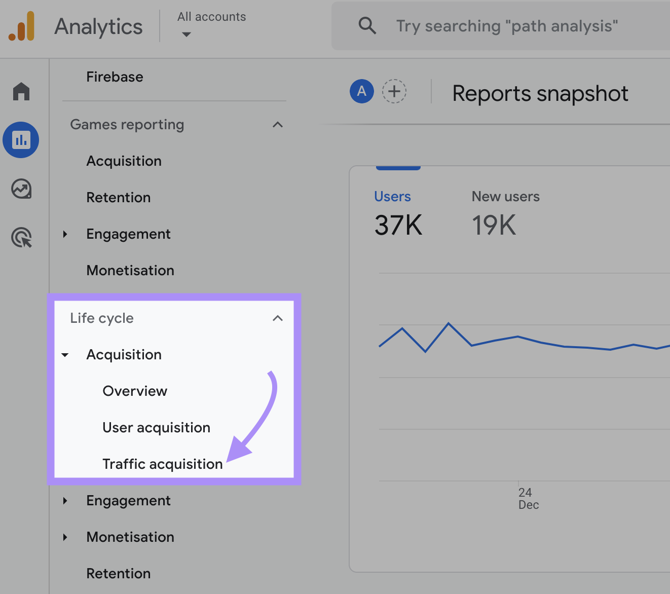 "Traffic acquisition" in the Google Analytics' left-hand navigation