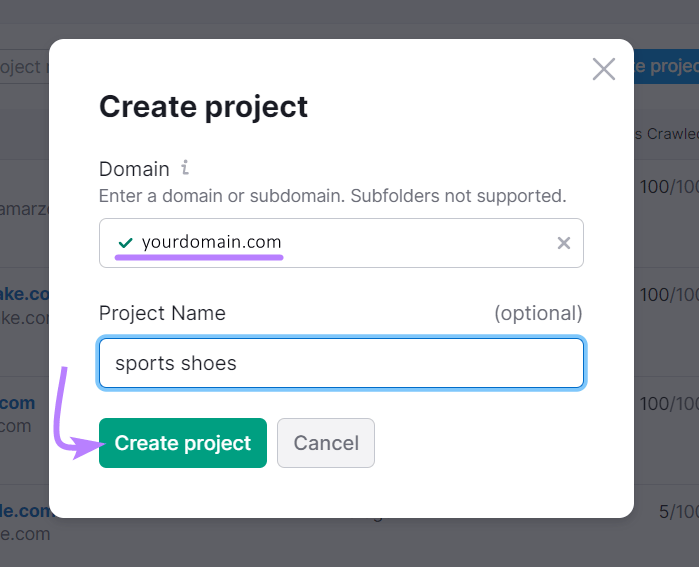 "Create project" pop up window in Site Audit