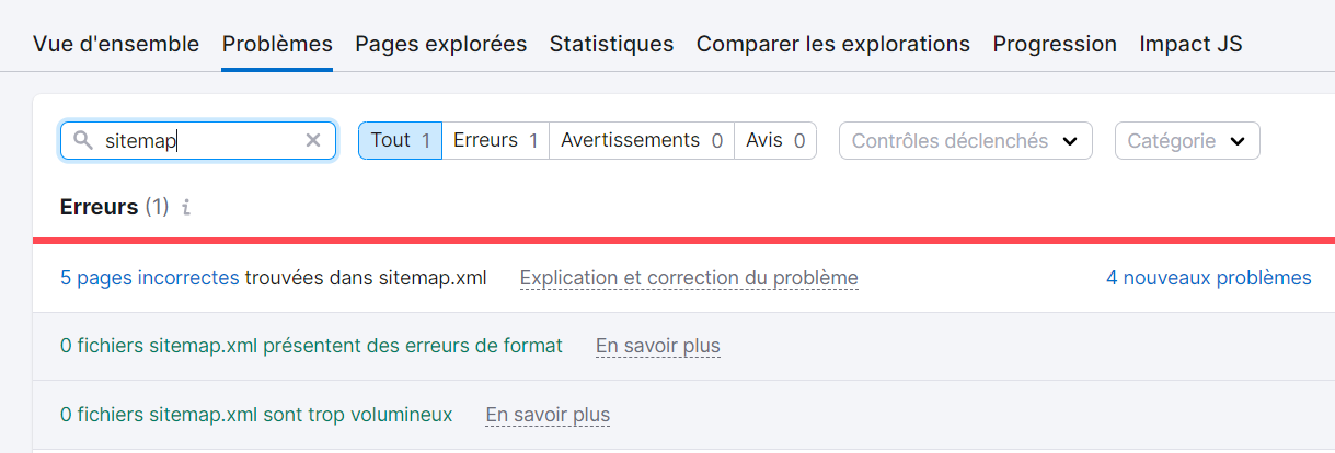 Erreurs de sitemap dans Audit de site