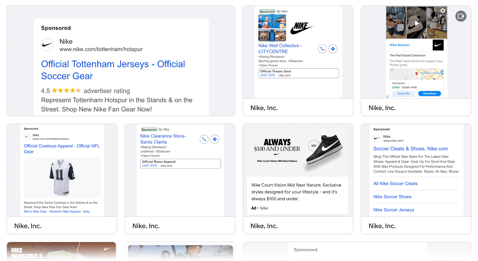 Google Ads transparency grid showing ads tally  by Nike Inc.