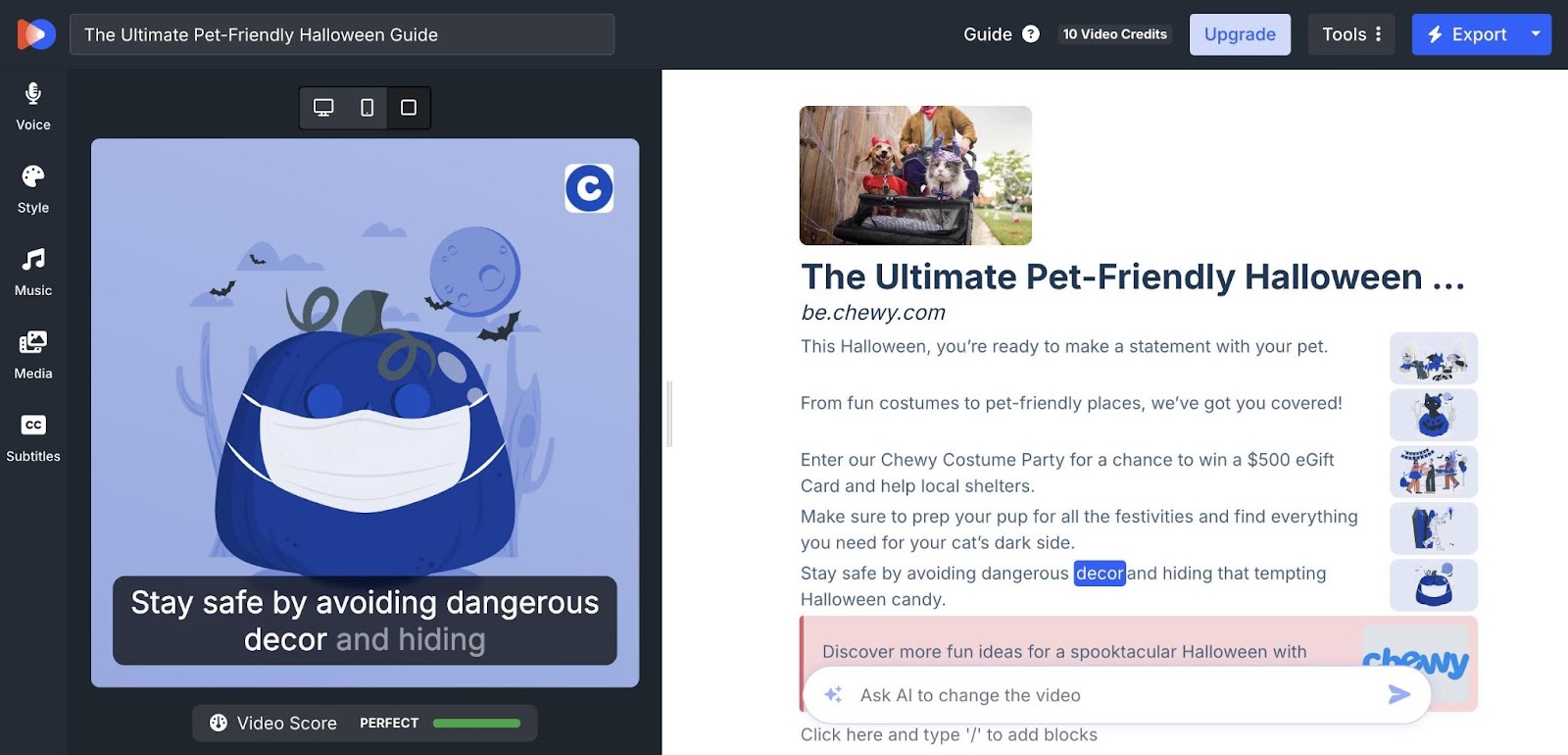 AI Video Marketing Automator dashboard with options to edit elements like voice, style, music, media, and sub،les on the left.