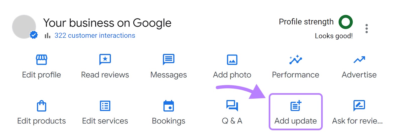 “Add update” button selected on Google My Business dashboard