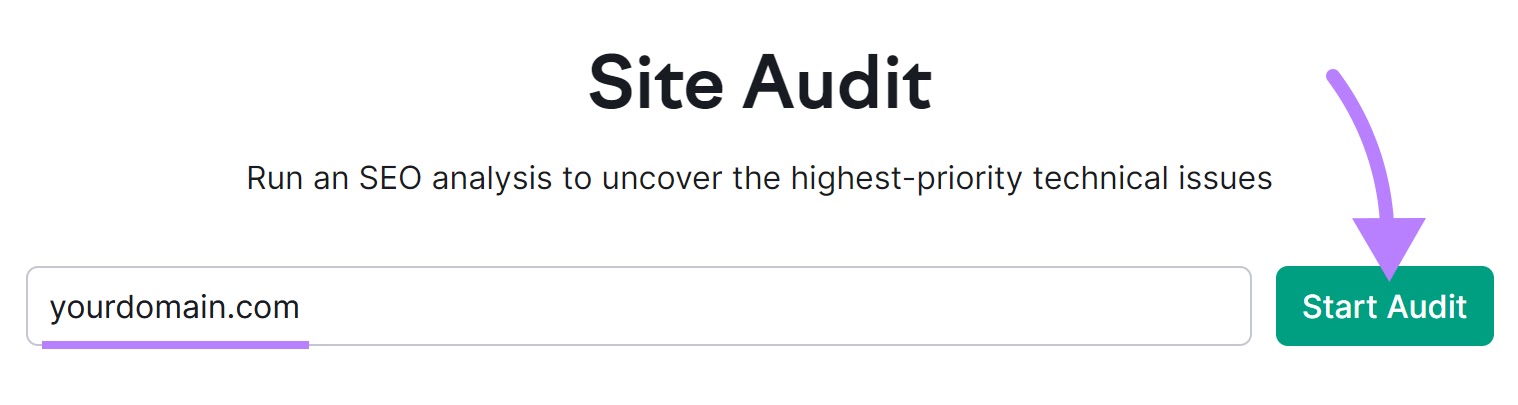 "yourdomain.com" entered into the Site Audit hunt  bar