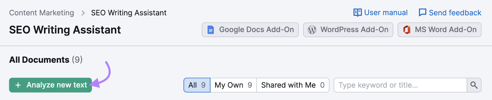 "Analyze new text" button highlighted under SEO Writing Assistant tool dashboard