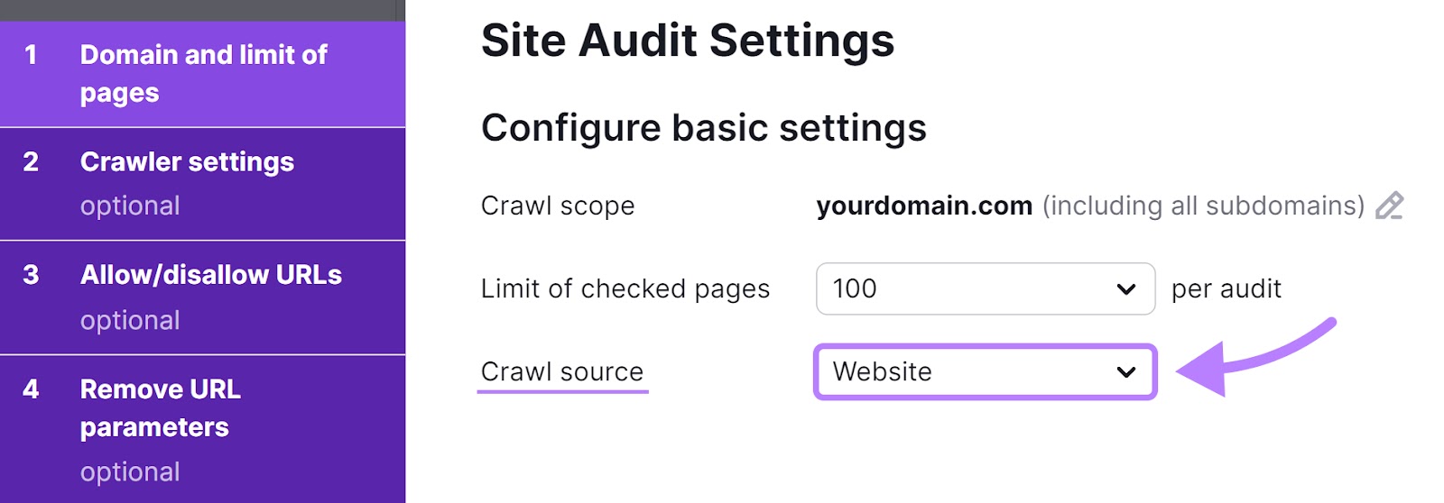 "Website" set next to “Crawl source” box