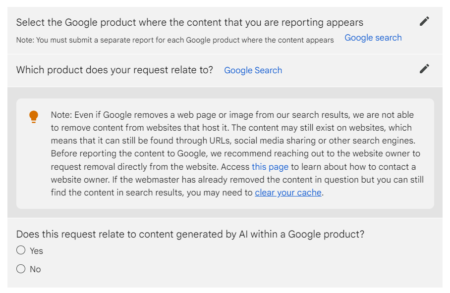 Answer whether the spam relates to AI contented  successful  Google’s “Report Content connected  Google” form