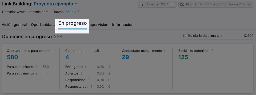 Pestaña "En progreso" de la página de resultados de Link Building