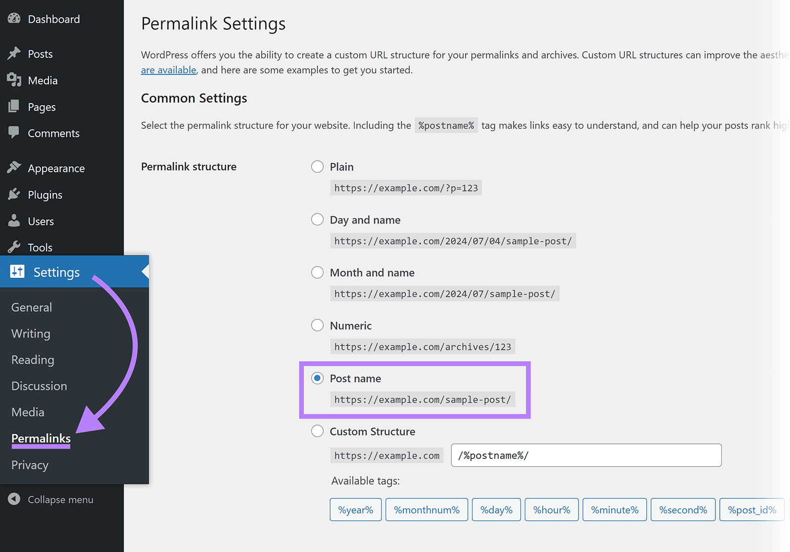 Arrow from Settings to Permalinks in WordPress admin navigation with "Post name" structure option highlighted