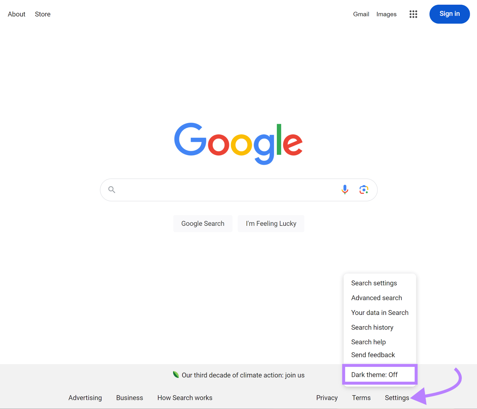 Google search homepage with Settings button clicked and 'Dark theme: Off' highlighted