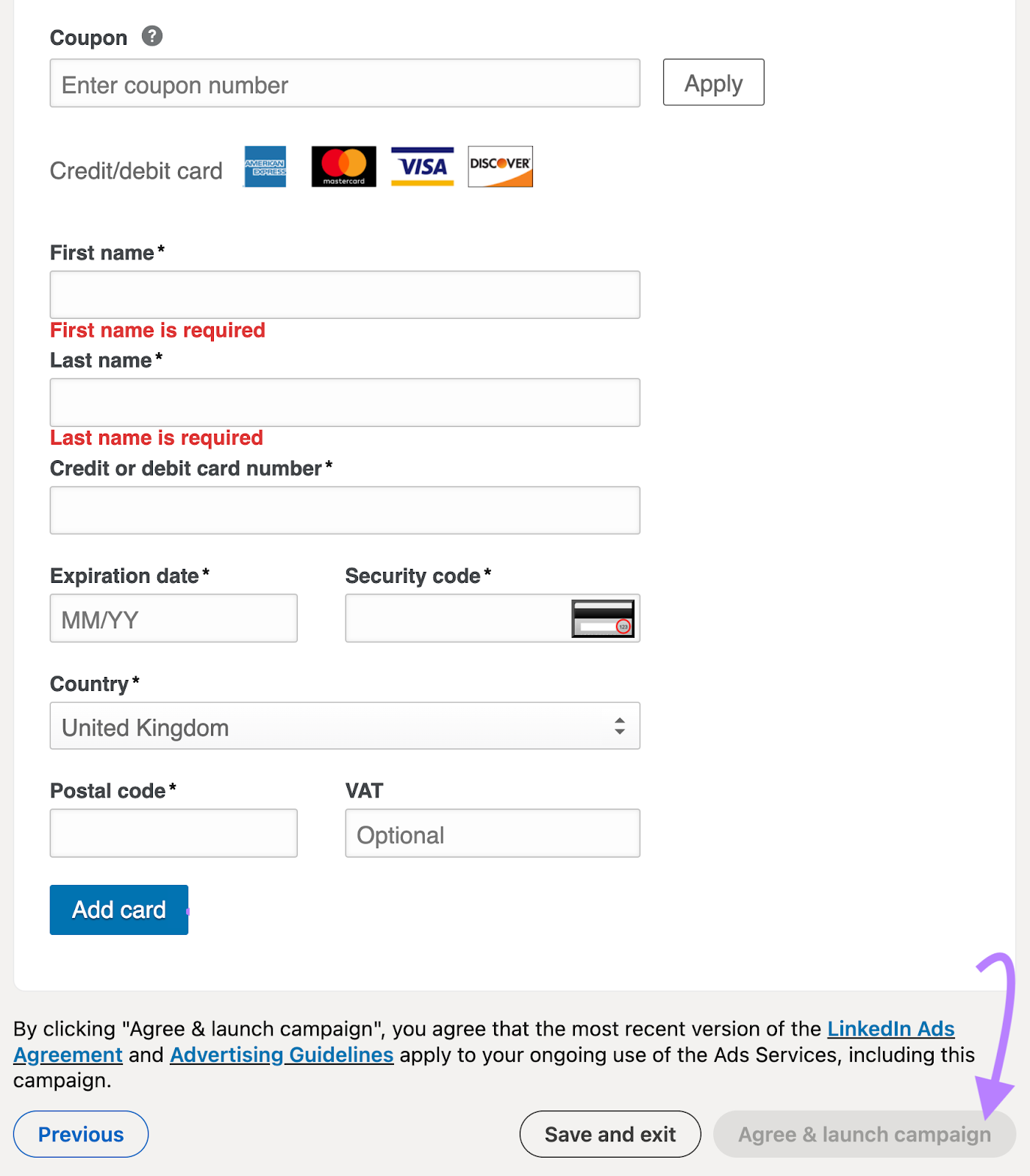LinkedIn ads payment gateway with card detail text fields and launch button highlighted