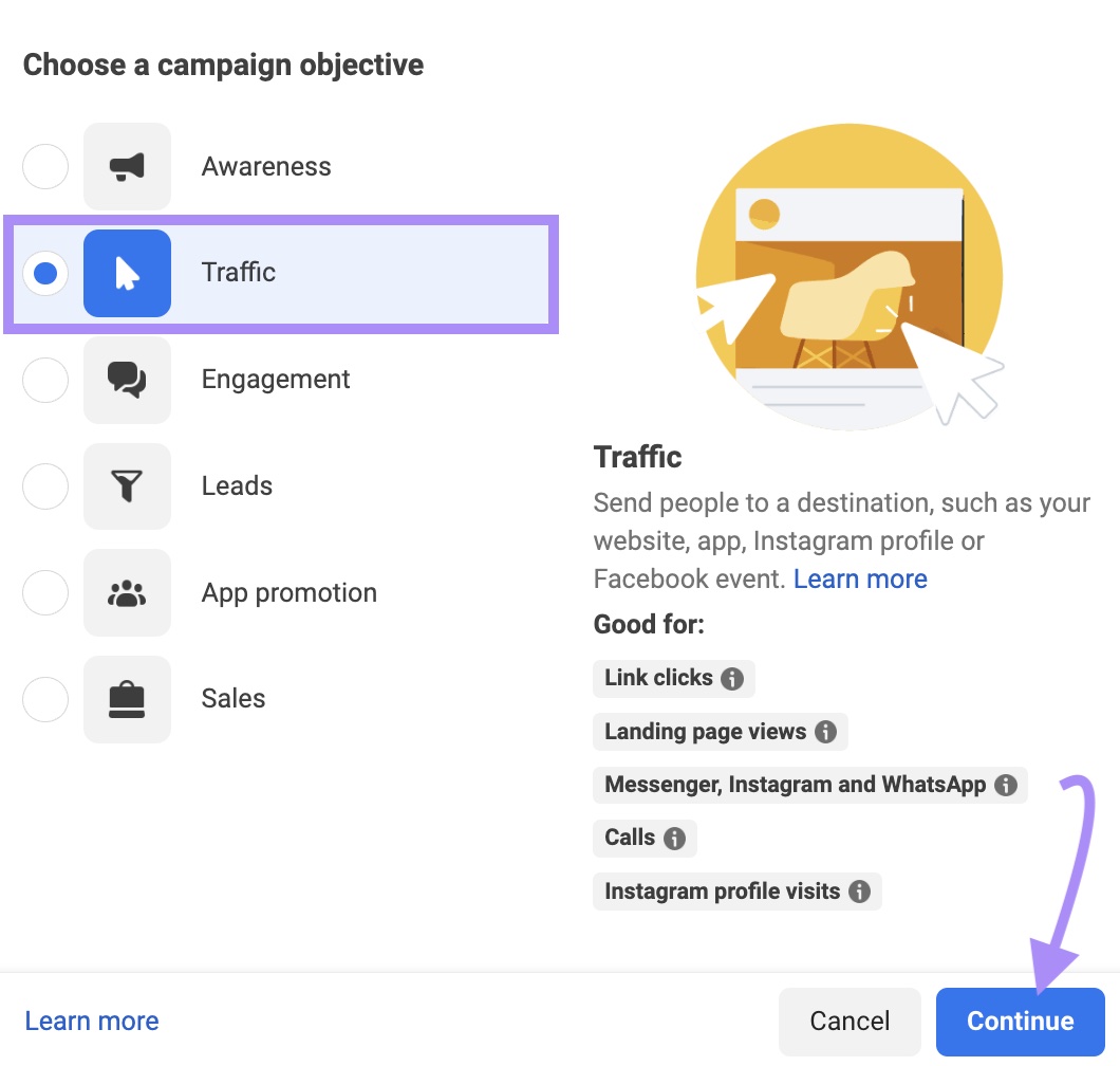"Traffic" selected under "Choose a campaign objective" window