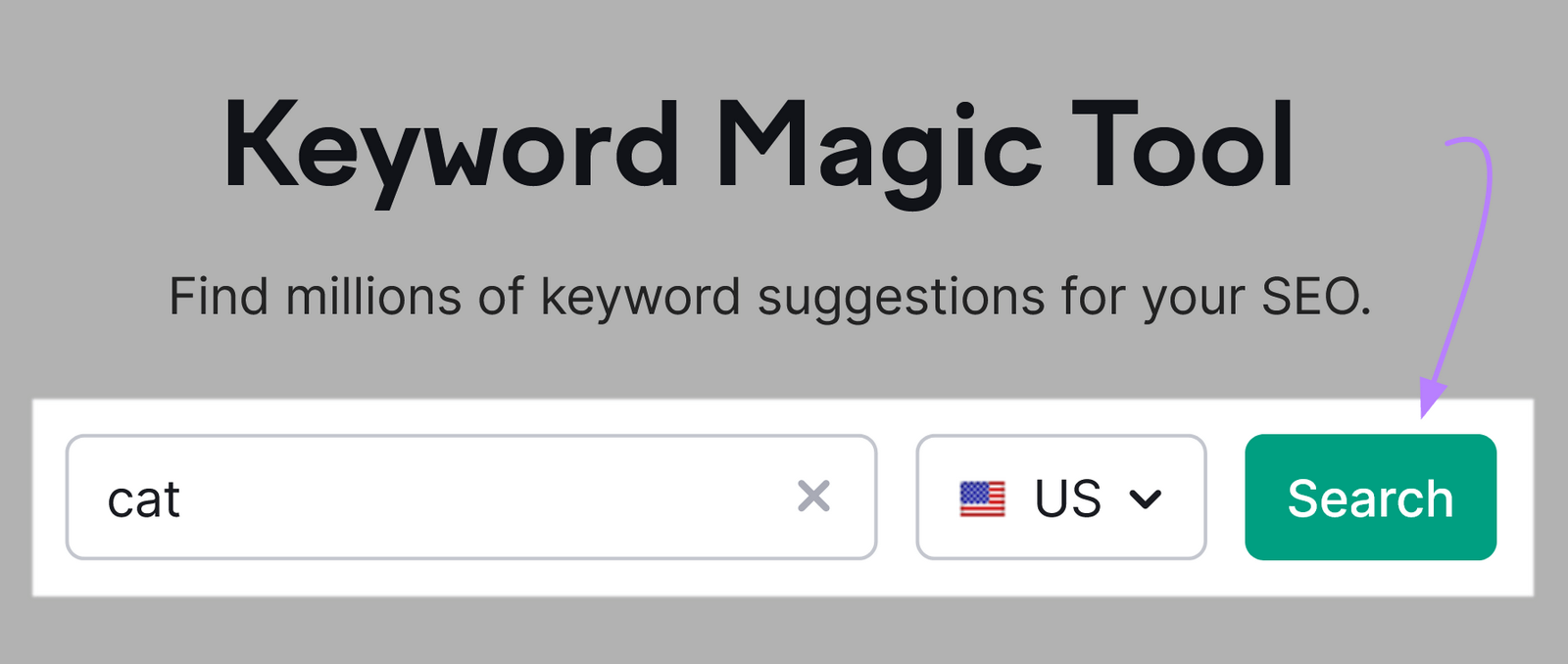 Keyword Magic Tool home with "cat" entered and the "Search" button highlighted.