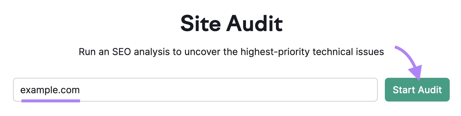 Site audit search with 'example.com' entered and 'Start Audit' clicked.