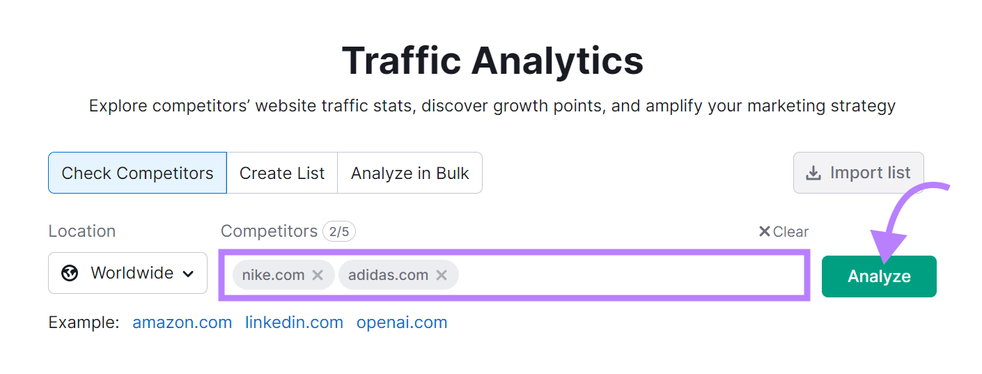 "nike.com," and "adidas.com" entered into the Traffic Analytics tool search bar