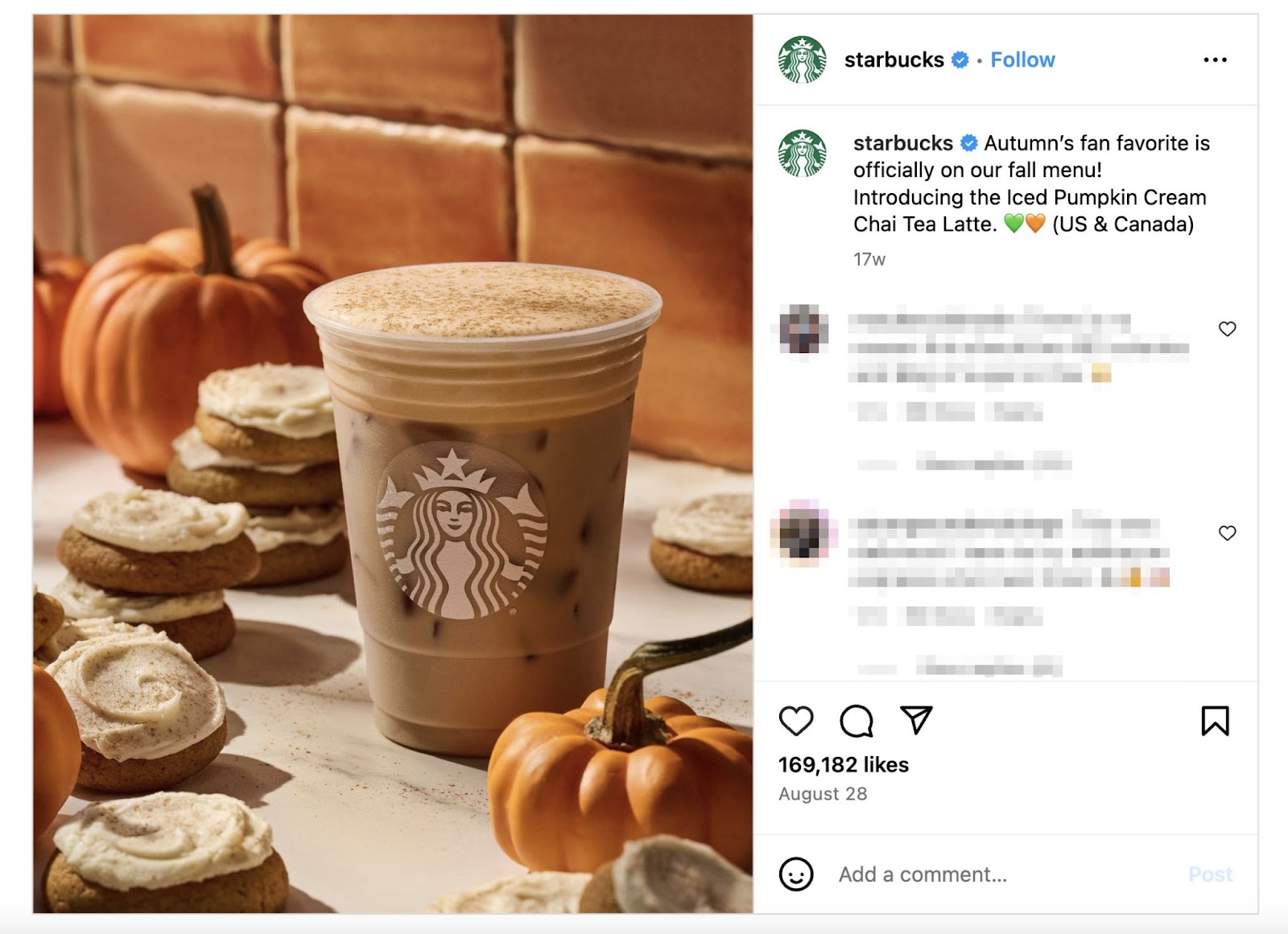 Starbucks's Instagram post announcing the new Iced Pumpkin Cream Chai Tea Latte