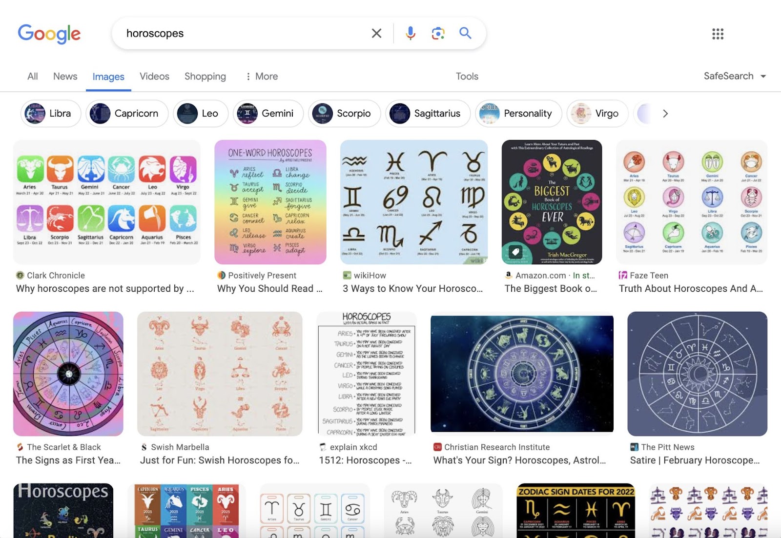 Google “Images” results for "horoscopes" on desktop