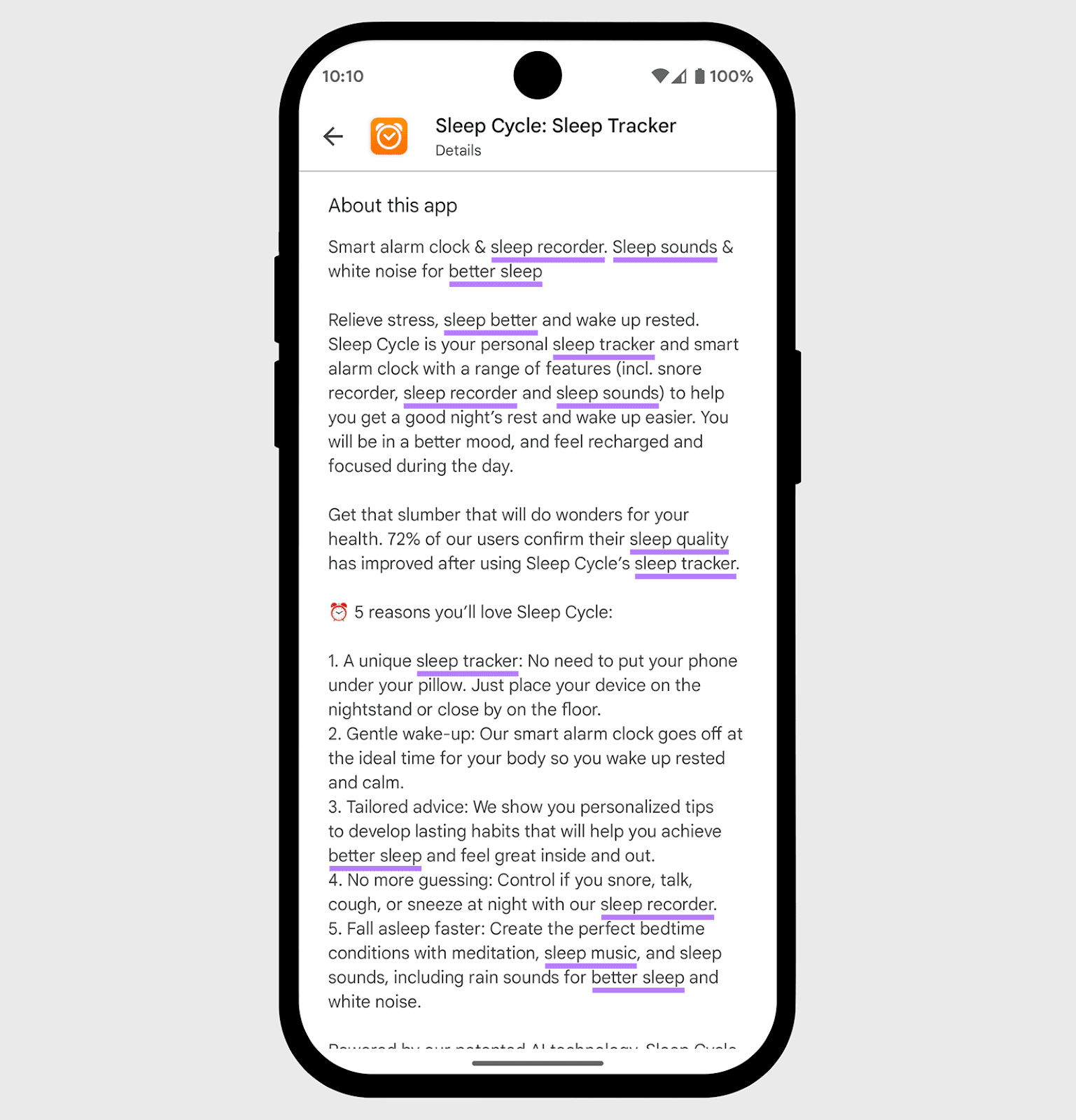 Sleep Cycle app description in Play Store with sleep-related keywords highlighted