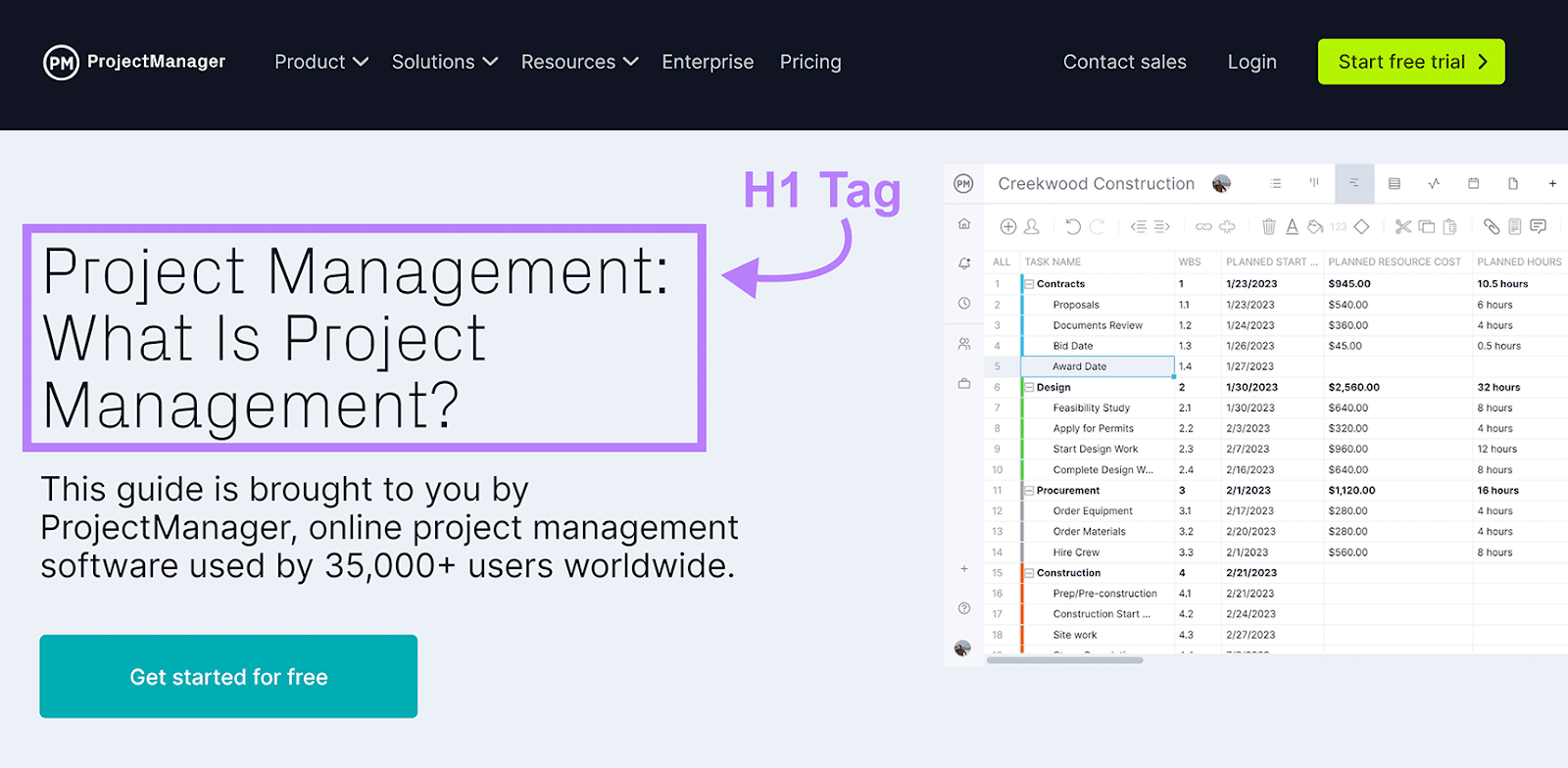 H1 tag annotated on web page