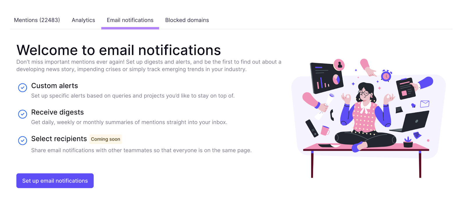 Email notifications section in Brand Monitoring app