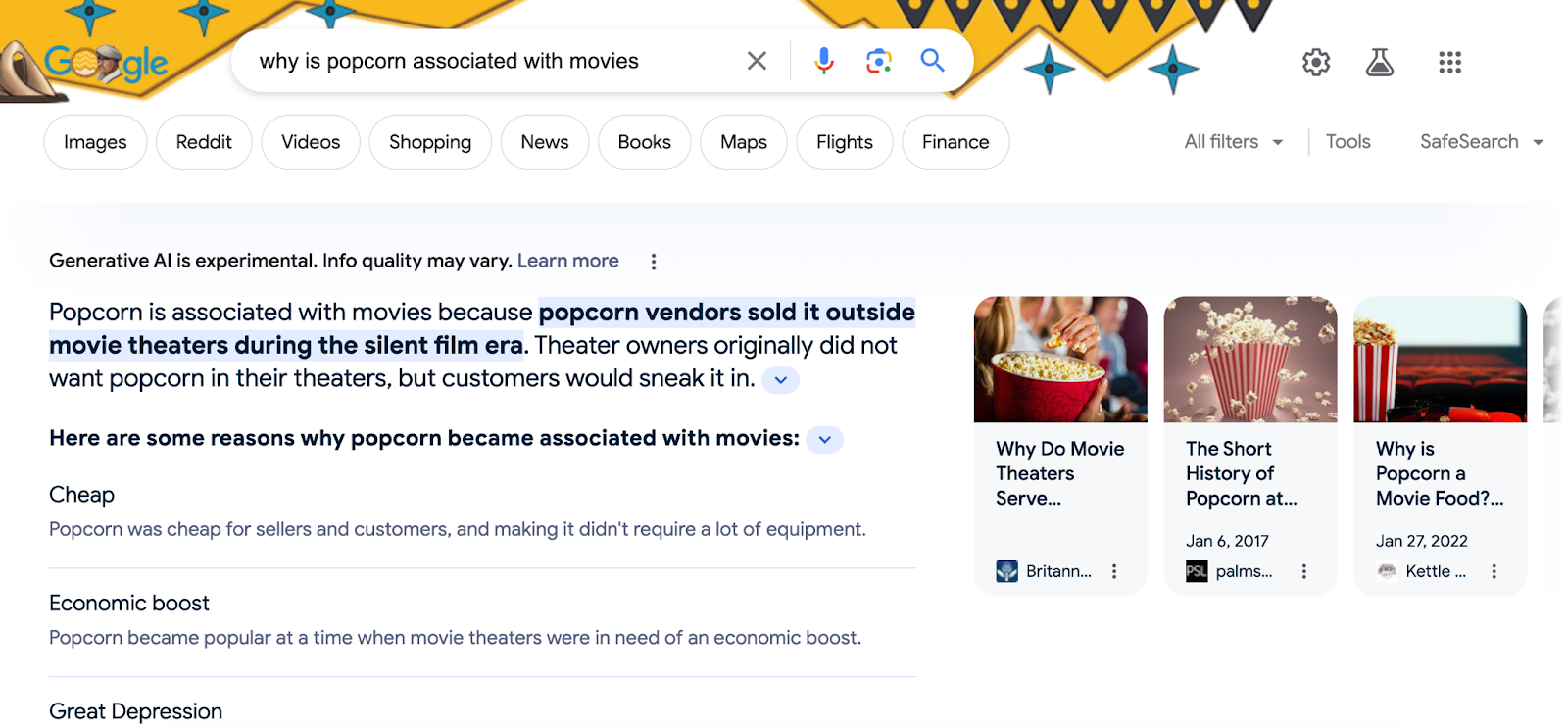 Respons ai generatif google terhadap pertanyaan "mengapa popcorn dikaitkan dengan film".