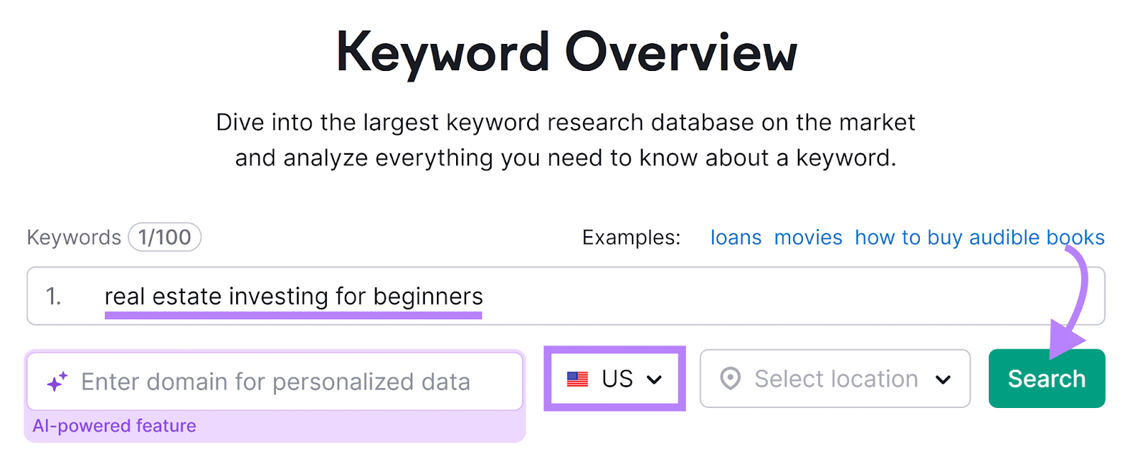 Semrush Keyword Overview instrumentality   commencement  with keyword entered, determination  acceptable   to US, and arrow pointing to Search button