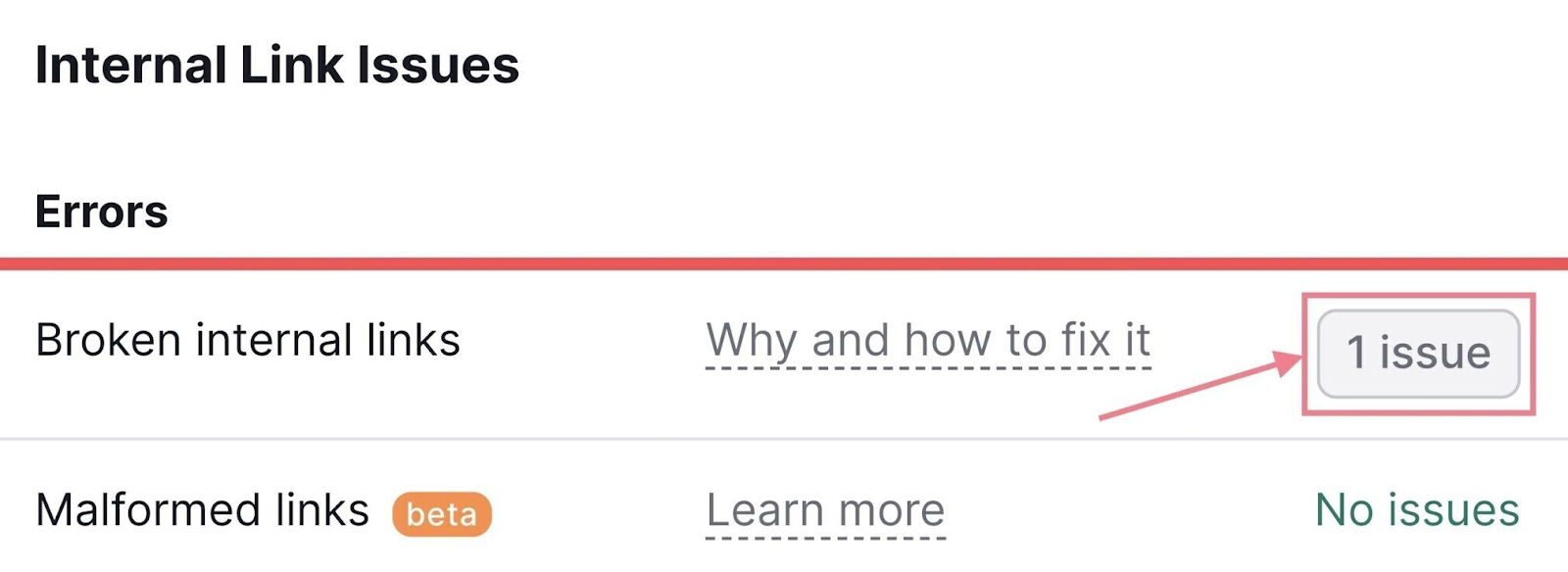 "1 issue" button highlighted next to "broken internal links" row