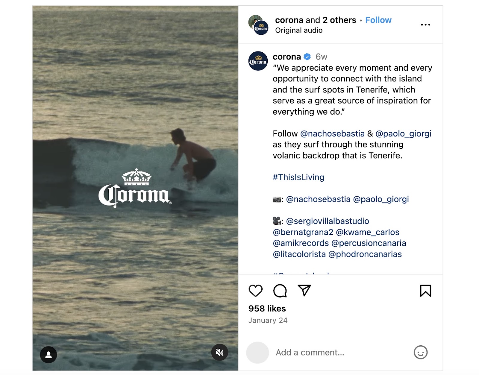 Corona’s #ThisIsLiving campaign Instagram post with influencer Nacho Sebastia