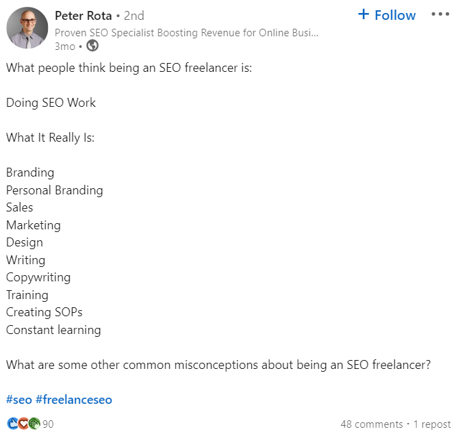 an LinkedIn post from Peter Rota about what being SEO freelancer is
