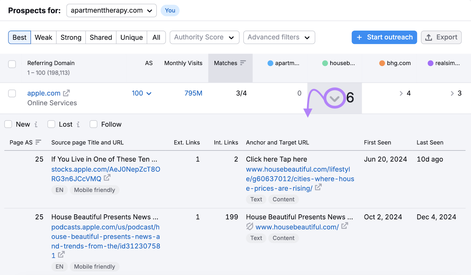 Expanded backlink domain shows details like source page, page authority score, anchor, target URL, and more.