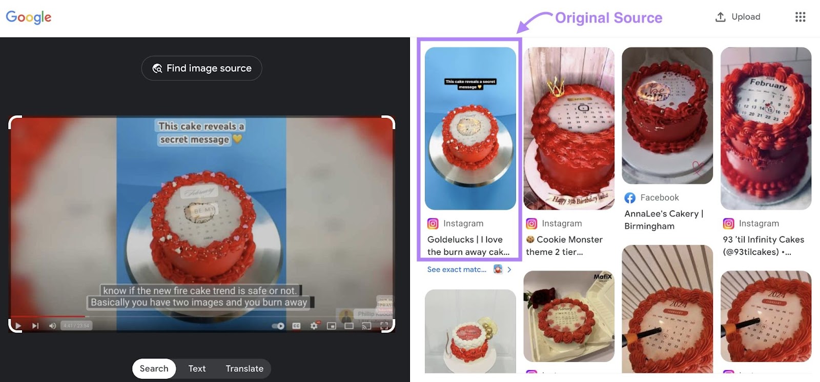 Reverse image search to identify the original source of a debunking cooking trends Instagram reel