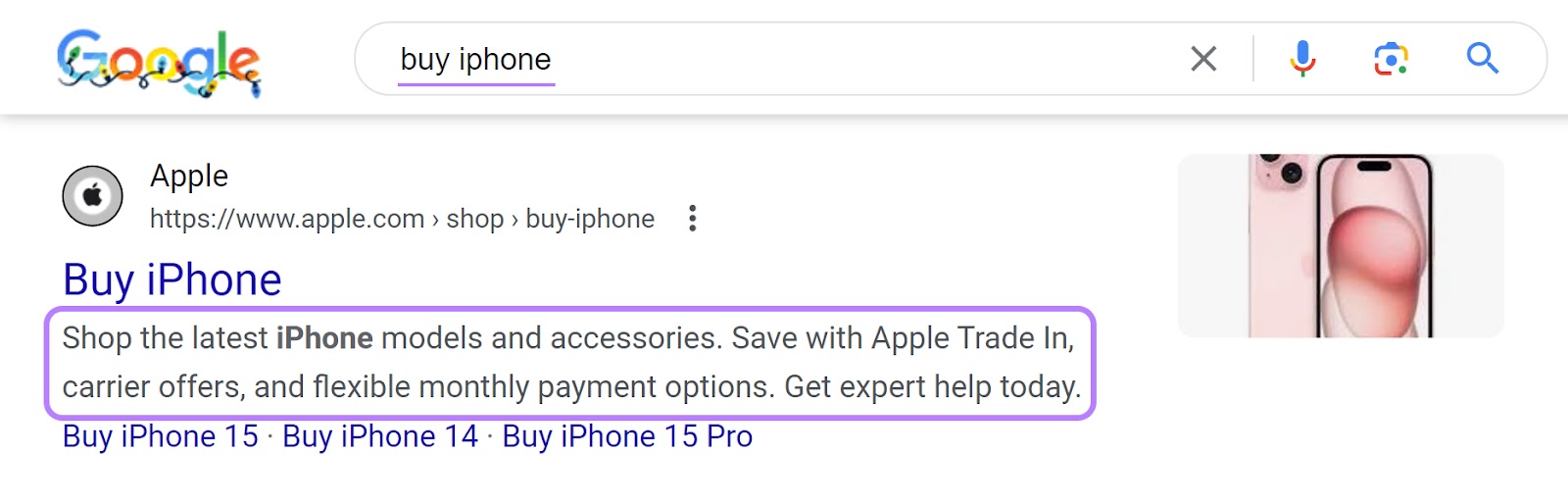 Apple's meta description for "Buy iPhone" page