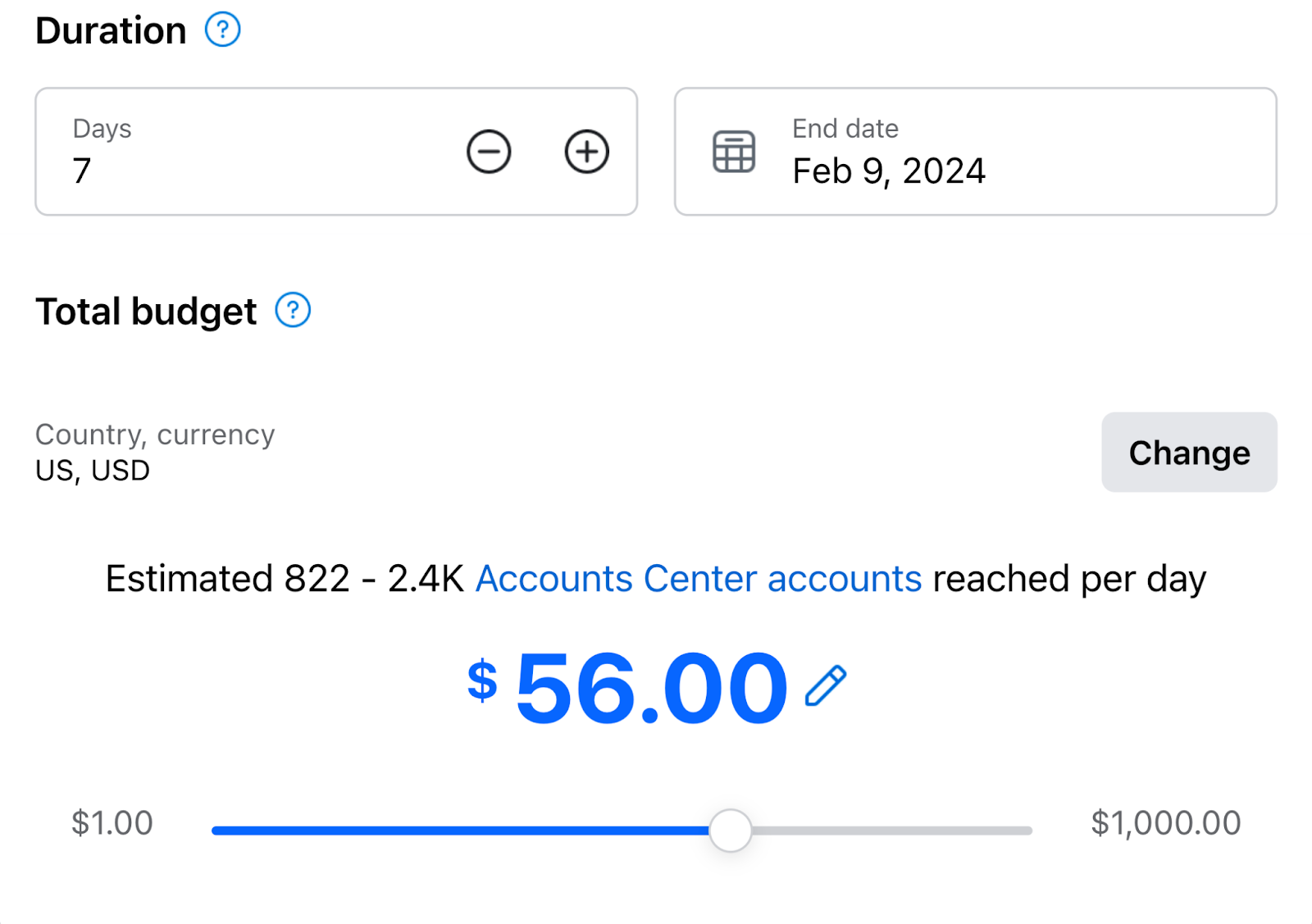 "Duration," and "Total budget" section in setting a Facebook campaign