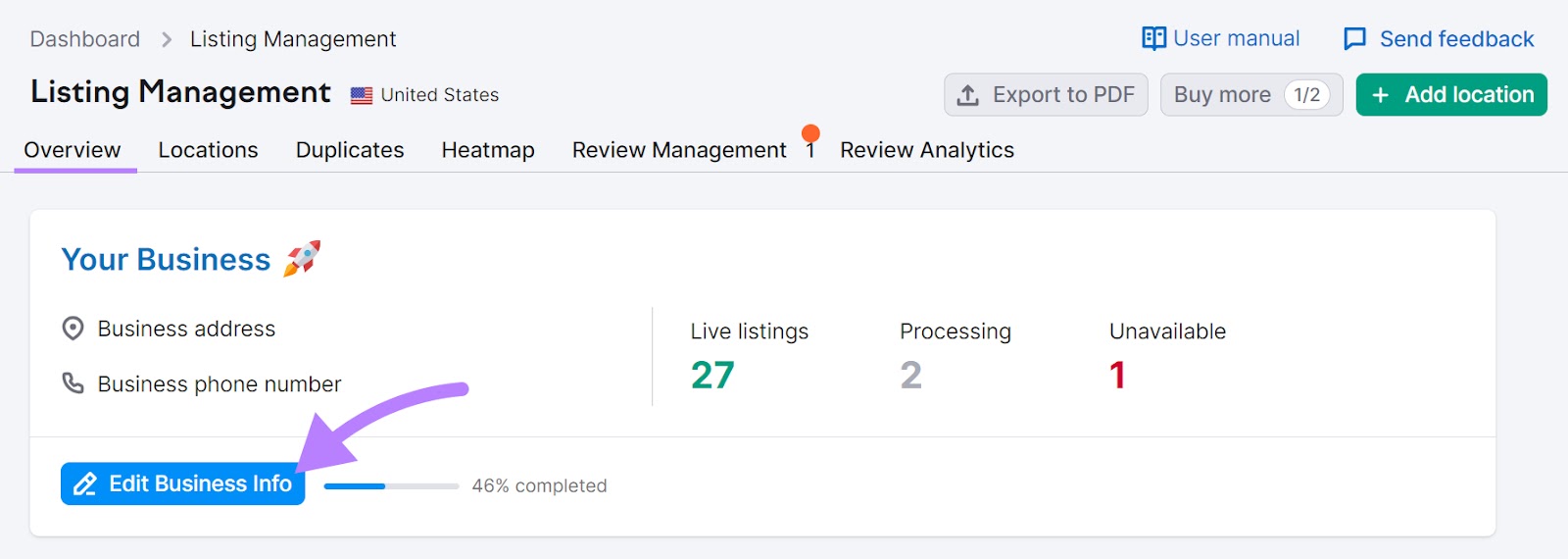 Semrush’s Listing Management tool