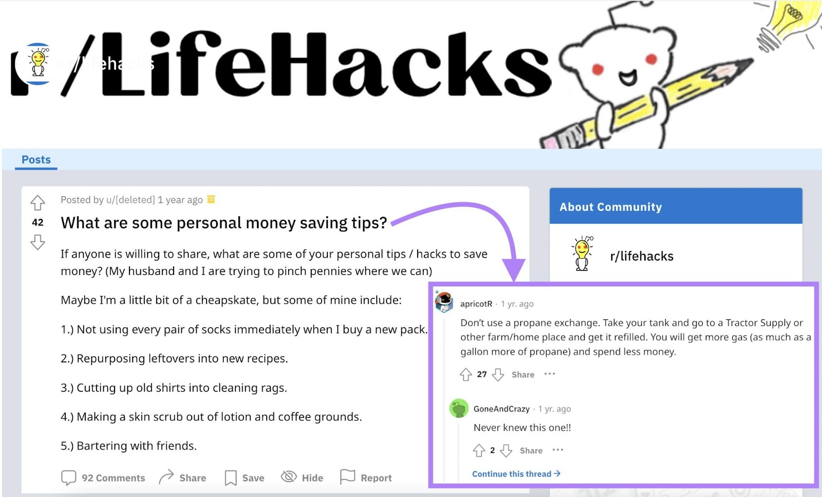 Question about personal money saving tips on LifeHacks forum