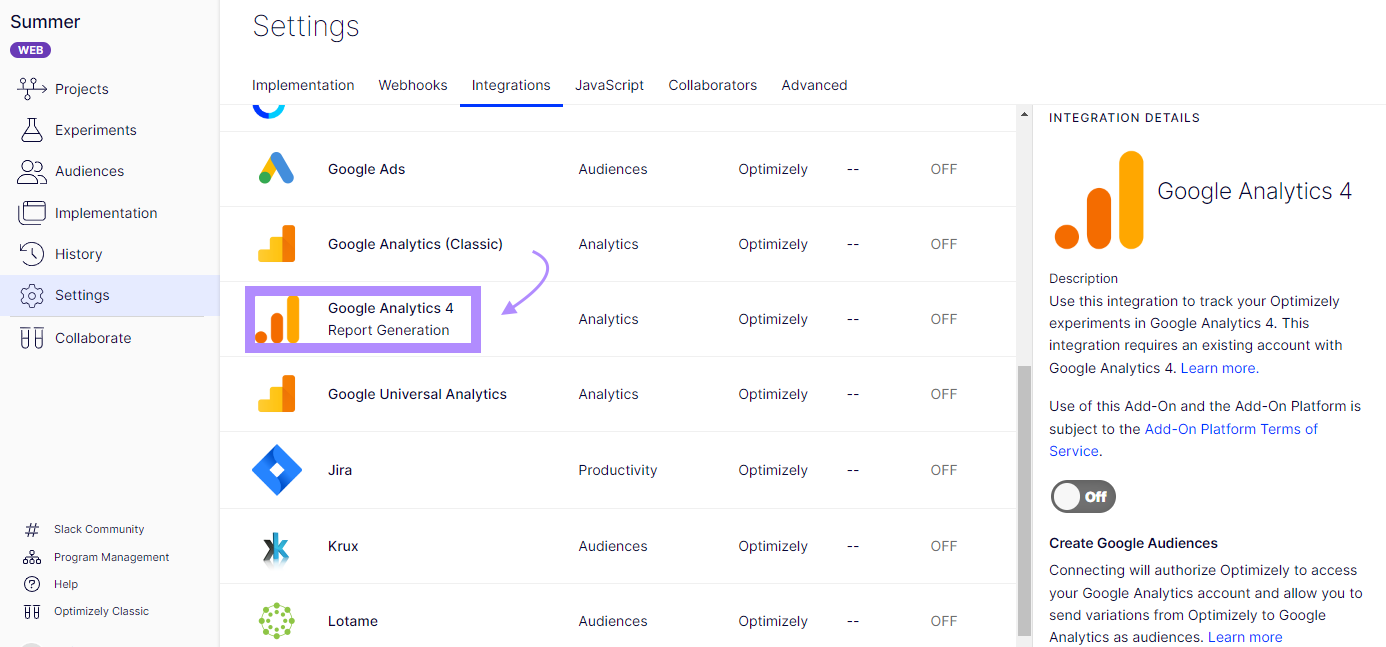 "Google Analytics 4" seleccionado en la página Integraciones de Optimizely